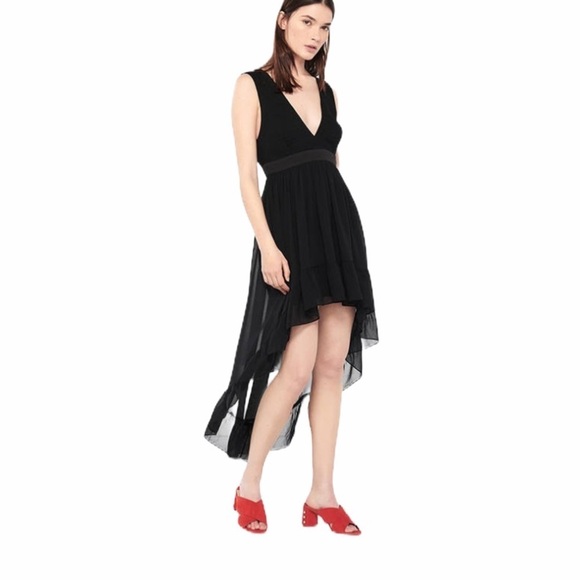 SANDRO Pray Dress Black Sleeveless Deep V‎ Neck hi low hem Size Small New - Picture 1 of 11